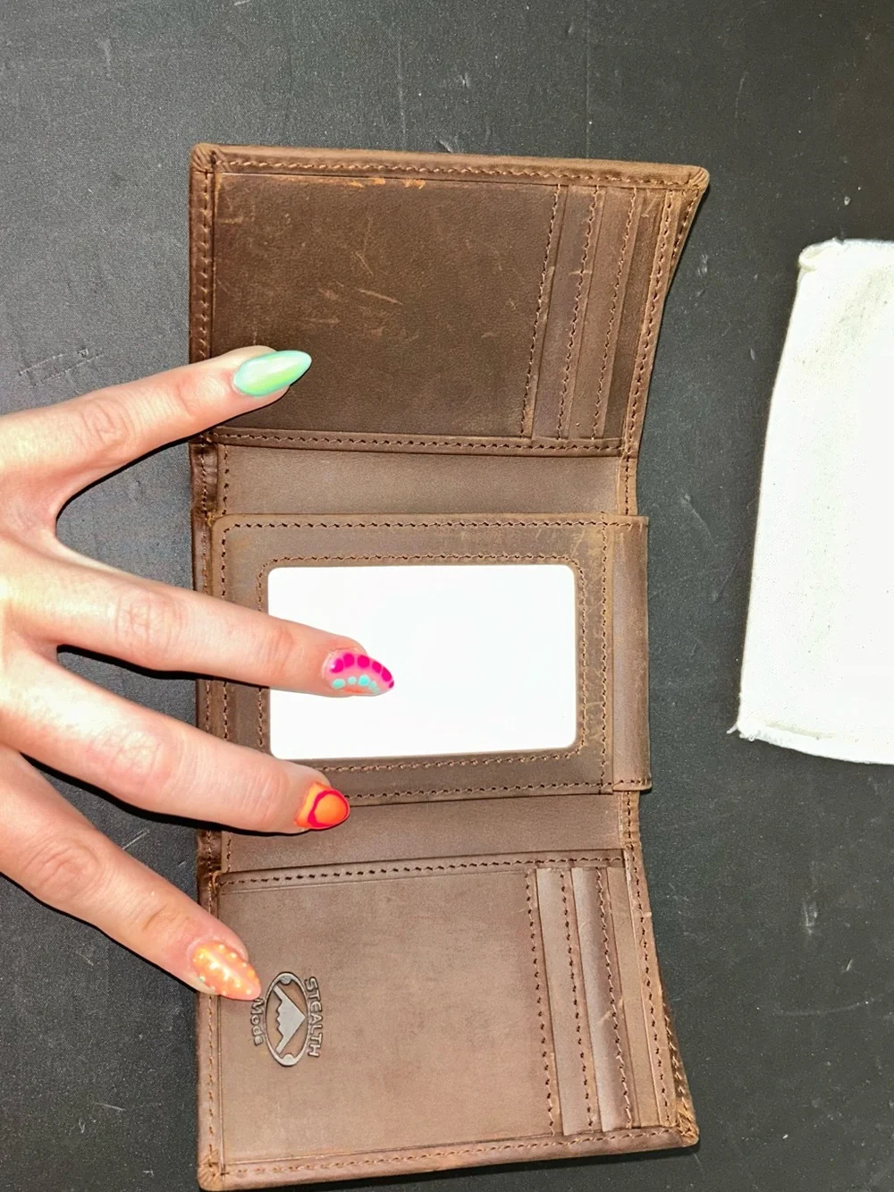 Leather Trifold Wallet with ID Window - Dark Brown